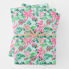 Preppy Pink & Green Weihnachten Blume & Bows Geschenkpapier Set