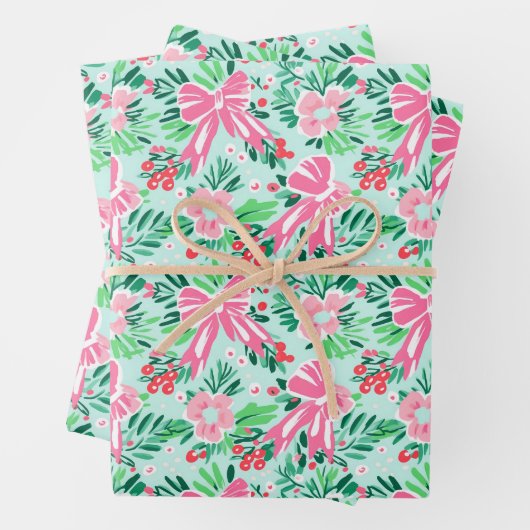 Preppy Pink & Green Weihnachten Blume & Bows Geschenkpapier Set (Beispiel)
