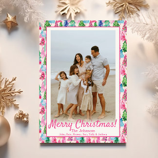 Preppy Pink & Green Weihnachtsbaum Custom Foto Feiertagskarte