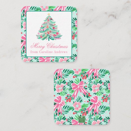 Preppy Pink & Green Weihnachtsbaum Geschenkverpack Mitteilungskarte (Vorne/Hinten)