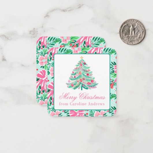 Preppy Pink & Green Weihnachtsbaum Geschenkverpack Mitteilungskarte (Vorderseite/Rückseite Beispiel)
