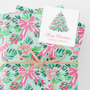 Preppy Pink & Green Weihnachtsbaum Geschenkverpack Mitteilungskarte