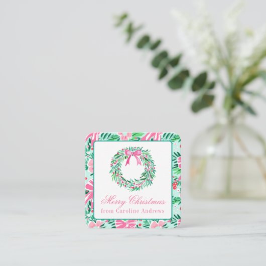 Preppy Pink & Green Weihnachtsfeier Mitteilungskarte (Stehend Vorderseite)