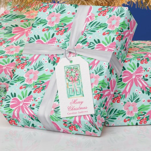 Preppy Pink & Green Weihnachtstür Geschenkanhänger