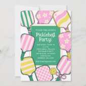 Preppy Pink Green & Yellow Pickleball Einladung (Vorderseite)