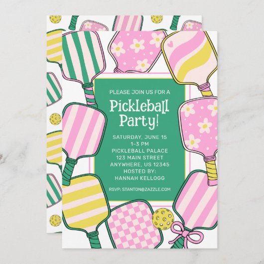 Preppy Pink Green & Yellow Pickleball Einladung (Vorne/Hinten)