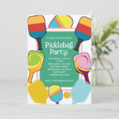 Preppy Pink Green & Yellow Pickleball Einladung (Stehend Vorderseite)