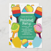 Preppy Pink Green & Yellow Pickleball Einladung (Vorne/Hinten)