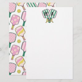 Preppy Pink Green & Yellow Pickleball Monogram Briefpapier
