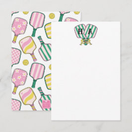 Preppy Pink Green & Yellow Pickleball Monogram Dankeskarte