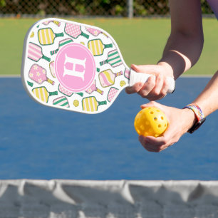 Preppy Pink Green & Yellow Pickleball Monogram Schläger