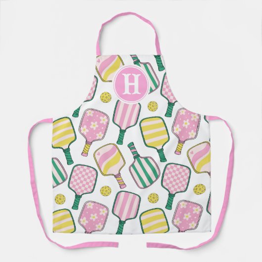 Preppy Pink Green & Yellow Pickleball Monogram Schürze (Vorderseite)