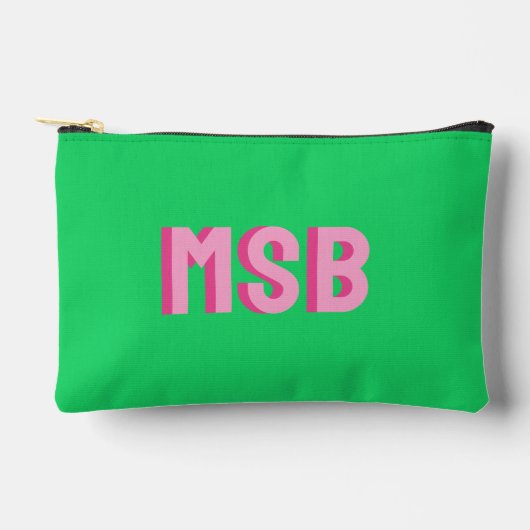 Preppy Pink Grüner Shadow Block Monogramm, Maßgesc Zubehörtasche (Vorderseite)