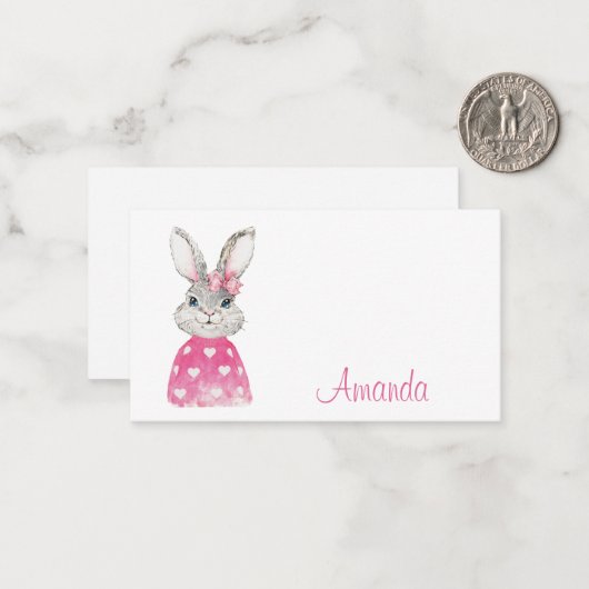 Preppy Pink Heart Bow Bunny Mitteilungskarte (Vorderseite/Rückseite Beispiel)