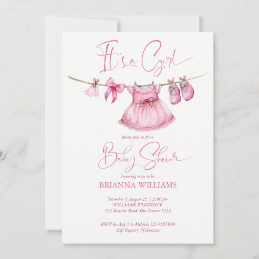 Preppy pink Kleidung auf einer Linie Mädchen Babyd Einladung (Vorderseite)