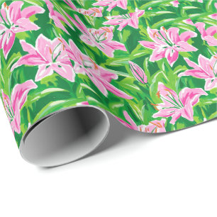 Preppy Pink Lily Floral Botanisch Geschenkpapier