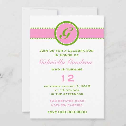 Preppy Pink & Lime Green Monogram Strip 2 Einladung (Vorderseite)