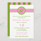 Preppy Pink & Lime Green Monogramm Strip Überrasch Einladung (Vorne/Hinten)