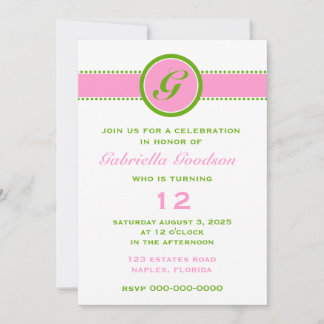 Preppy Pink & Lime Green Monogramm Strip Überrasch Einladung