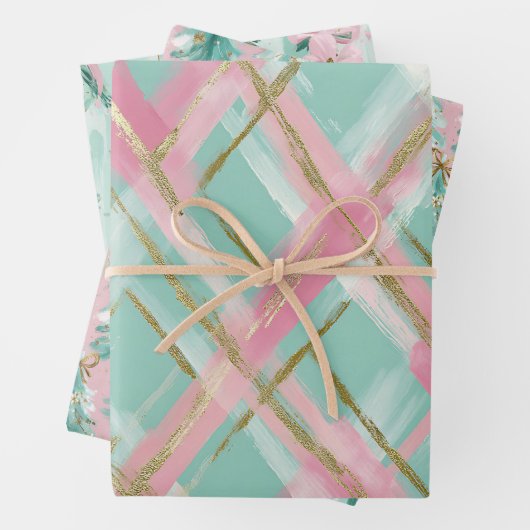 Preppy Pink Mint Gold Glitter Christmas Trees Bows Geschenkpapier Set (Beispiel)