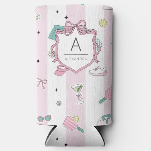 Preppy Pink Monogram Pickleball Geschenk für sie Selters Dosenkühler (Vorderseite)