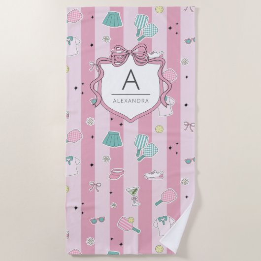 Preppy Pink Monogram Pickleball Gift for Her Strandtuch (Vorderseite)
