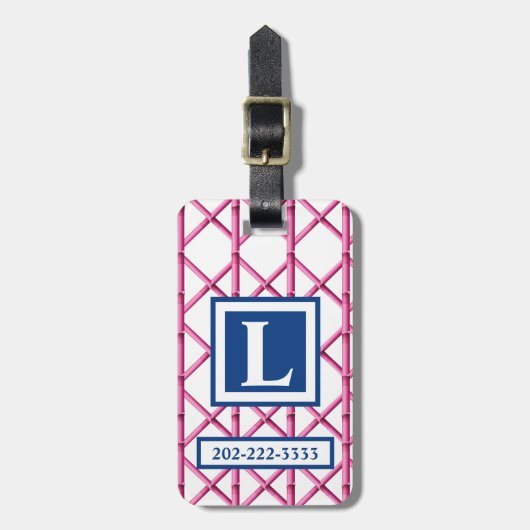 Preppy Pink Navy Trellis Bamboo Muster Monogram Gepäckanhänger (Vorderseite vertikal)