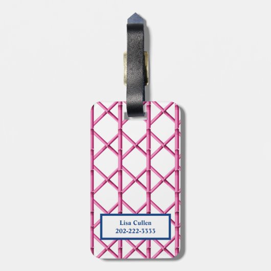 Preppy Pink Navy Trellis Bamboo Muster Monogram Gepäckanhänger (Rückseite vertikal)