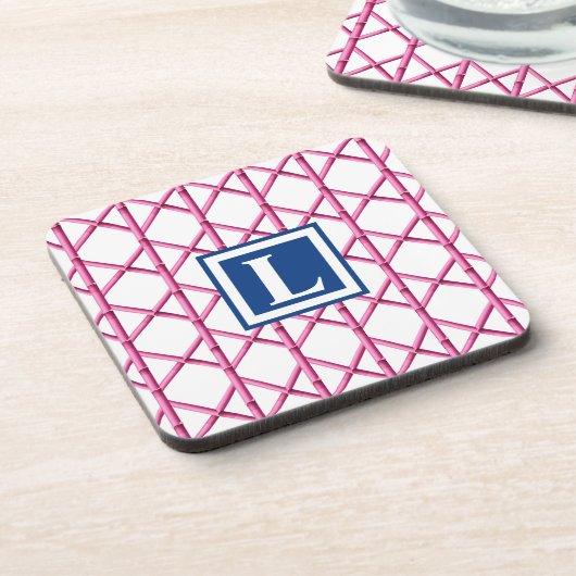 Preppy Pink Navy Trellis Bamboo Muster Monogram Getränkeuntersetzer (Linke Seite)