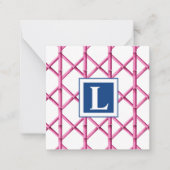 Preppy Pink Navy Trellis Bamboo Muster Monogram Mitteilungskarte (Vorderseite)