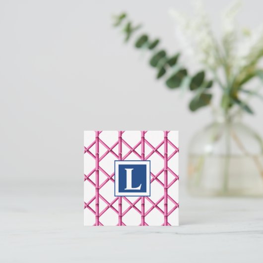 Preppy Pink Navy Trellis Bamboo Muster Monogram Mitteilungskarte (Stehend Vorderseite)