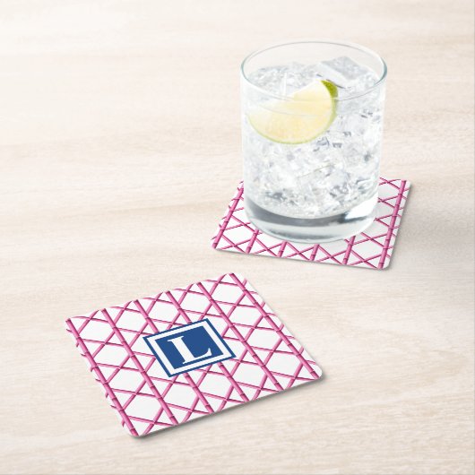 Preppy Pink Navy Trellis Bamboo Muster Monogram Rechteckiger Pappuntersetzer (Vor Ort)