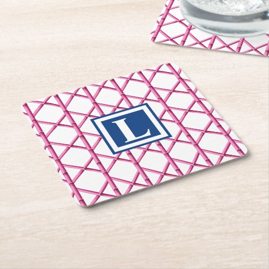 Preppy Pink Navy Trellis Bamboo Muster Monogram Rechteckiger Pappuntersetzer (angewinkelt)