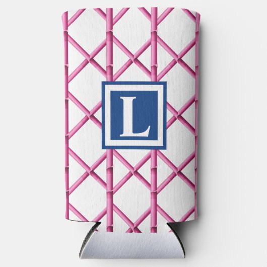 Preppy Pink Navy Trellis Bamboo Muster Monogram Selters Dosenkühler (Vorderseite)