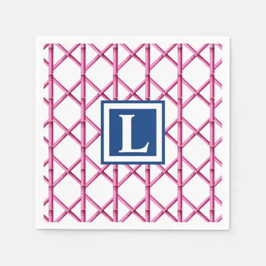 Preppy Pink Navy Trellis Bamboo Muster Monogram Serviette (Vorderseite)