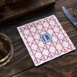 Preppy Pink Navy Trellis Bamboo Muster Monogram Serviette