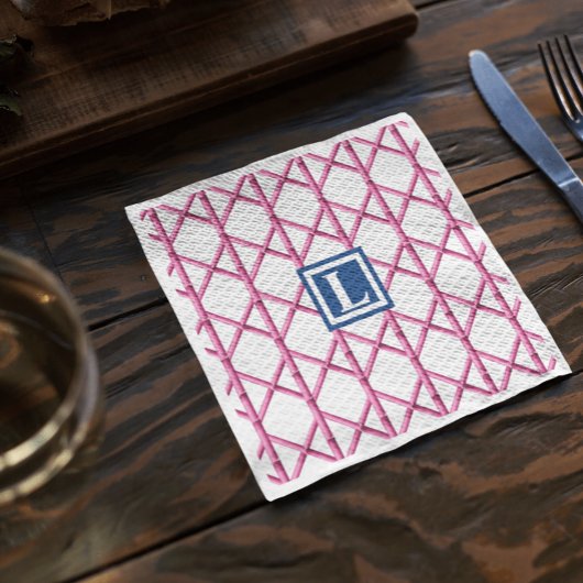 Preppy Pink Navy Trellis Bamboo Muster Monogram Serviette