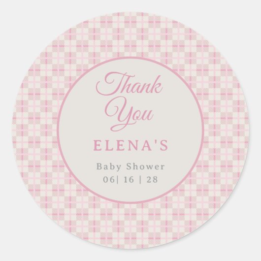 Preppy Pink Plaid Baby Shower  Runder Aufkleber (Vorderseite)