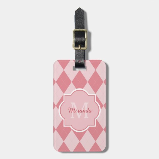 Preppy Pink Raute Girly Monogram Travel Name Gepäckanhänger (Vorderseite vertikal)