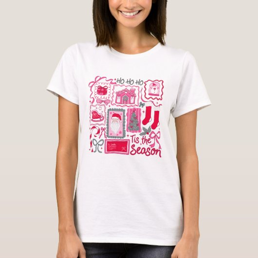 Preppy Pink & Red Tis the Season Christmas Collage T-Shirt (Vorderseite)