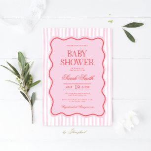 Preppy Pink Red Wavy Baby Shower Girl Einladung
