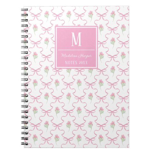 Preppy Pink Ribbon Trellis mit Rose Monogramm Notizblock (Vorderseite)