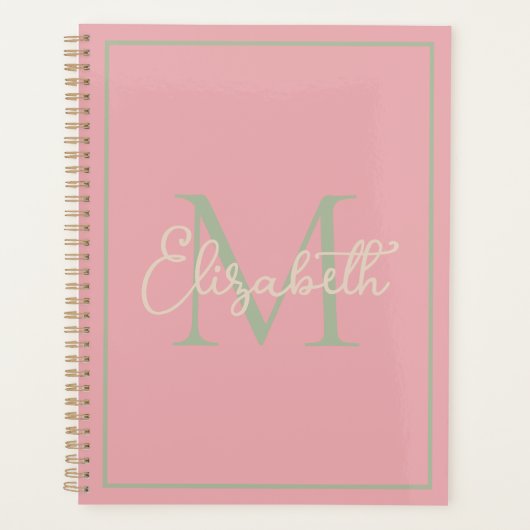 Preppy Pink Sage Green und Creme Monogram Planer (Vorderseite)