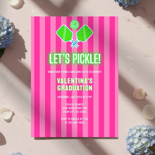 Preppy Pink Striped Green Pickleball Graduation Einladung