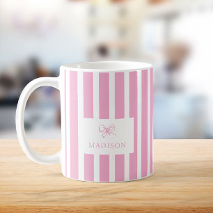Preppy Pink Stripes & Bow Individuelle Name Kaffeetasse