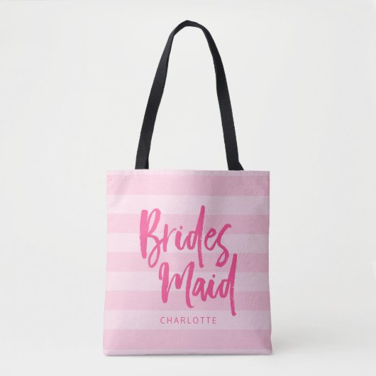 Preppy Pink Stripes Brush Script Bridesmaid Tasche (Vorderseite)