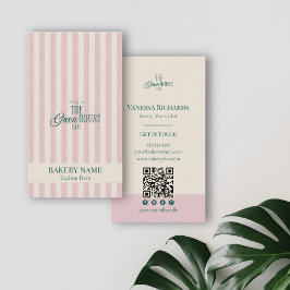 Preppy Pink Stripes Green Bakery Logo QR Code  Visitenkarte