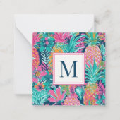 Preppy Pink Teal Navy Blue Pineapple Monogram Mitteilungskarte (Vorderseite)