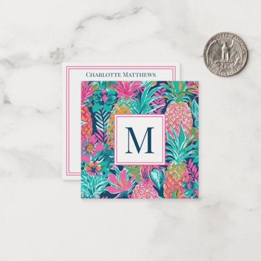 Preppy Pink Teal Navy Blue Pineapple Monogram Mitteilungskarte (Vorderseite/Rückseite Beispiel)