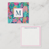 Preppy Pink Teal Navy Blue Pineapple Monogram Mitteilungskarte (Vorne/Hinten)